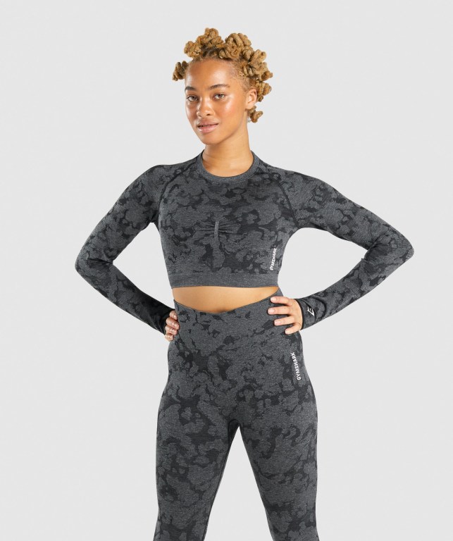 Gymshark Adapt Camo Seamless Crop Top Svarte | g5pXZEGsmbX