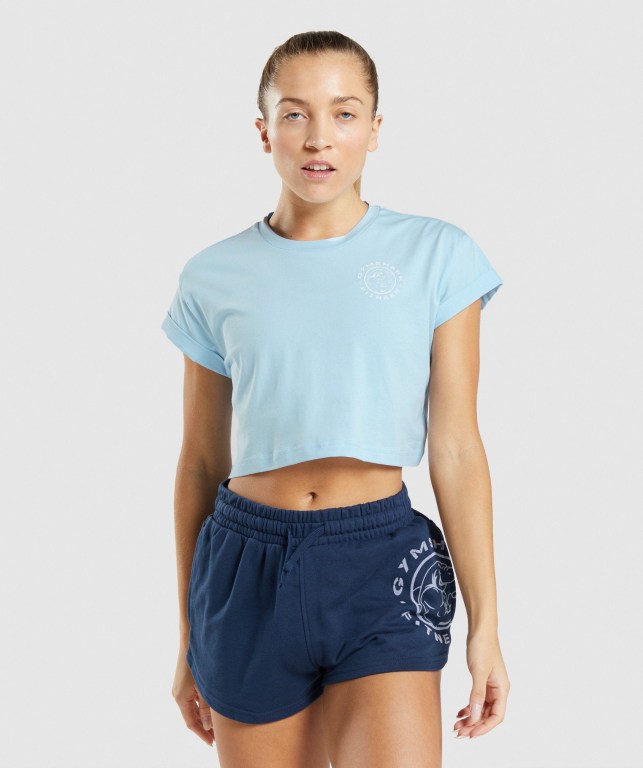 Gymshark Legacy Graphic Crop Blå | JZrA9NBwWuk