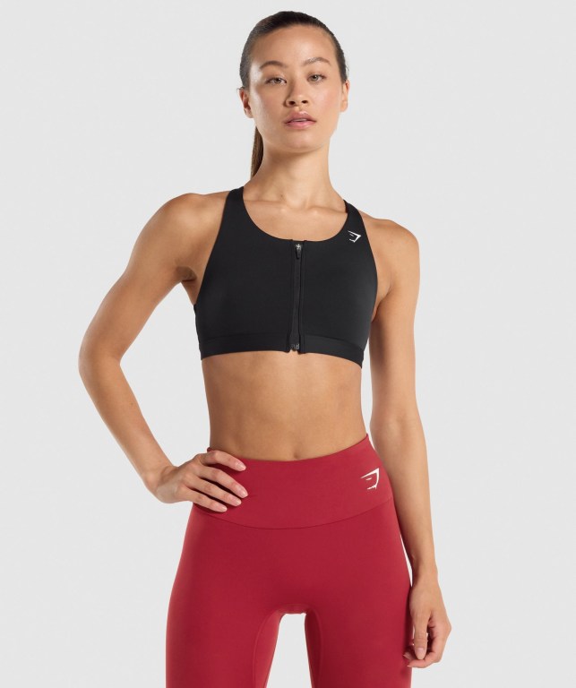 Gymshark Zip Up Trenings Sports Bra Svarte | 5d1COLAaYO9