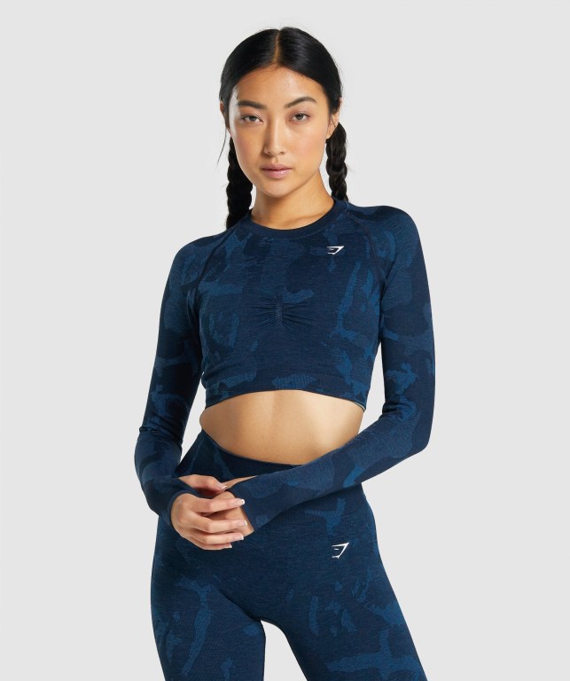 Gymshark Adapt Camo Seamless Crop Top Marineblå | rqmN9ulFA45