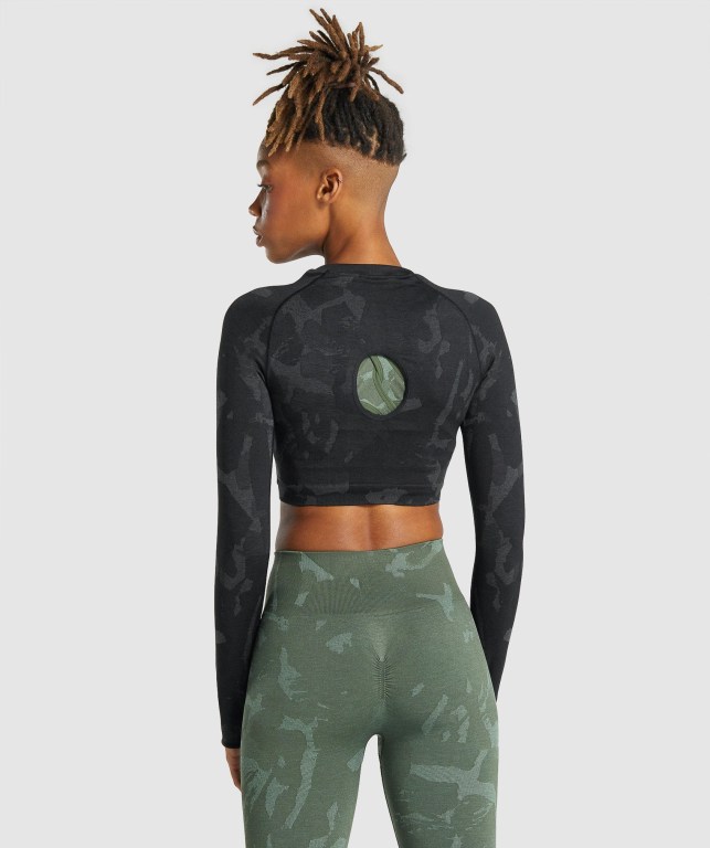 Gymshark Adapt Camo Seamless Crop Top Svarte | 2mWMSPi16zh