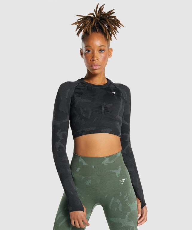 Gymshark Adapt Camo Seamless Crop Top Svarte | y4GNur7phG5