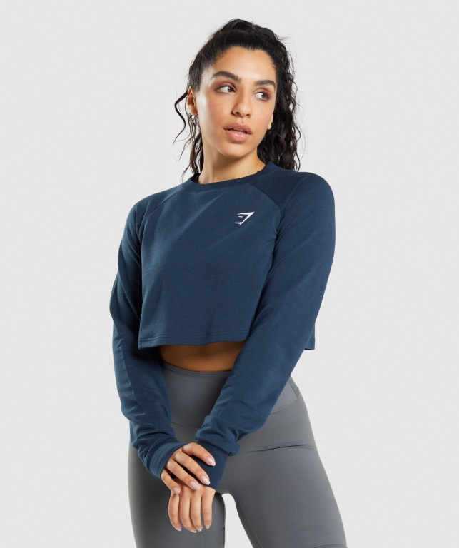 Gymshark Trenings Cropped Genser Marineblå | YF2hHqAN7Vu