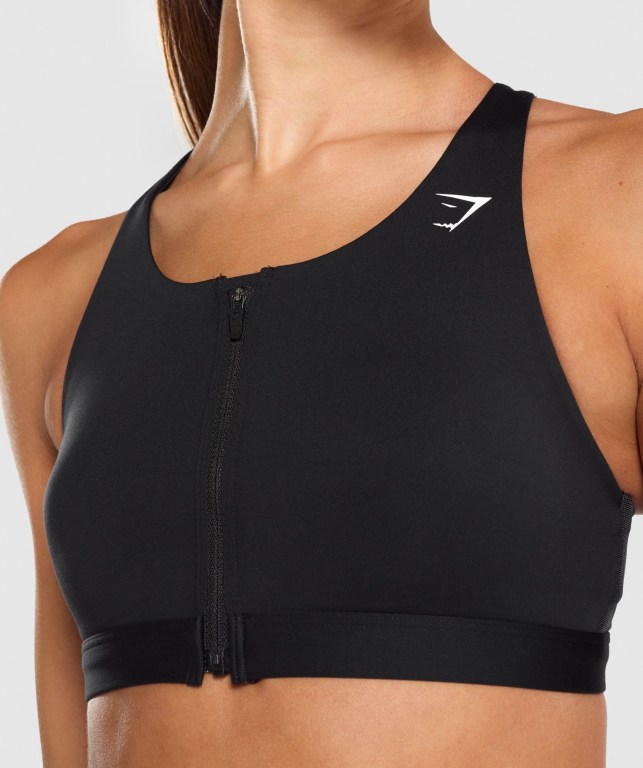 Gymshark Zip Up Trenings Sports Bra Svarte | 5d1COLAaYO9